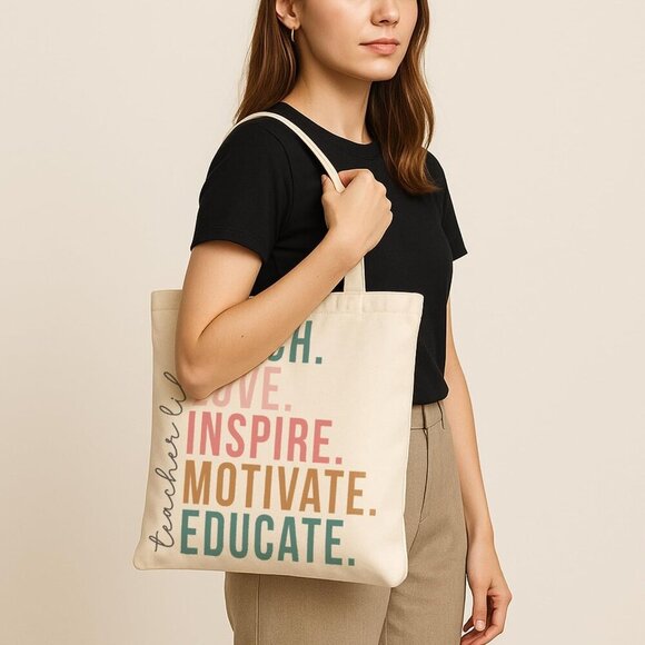 Brand New Teacher Tote Reusable Canvas Bag 16x14 Black Gift - Picture 4 of 5